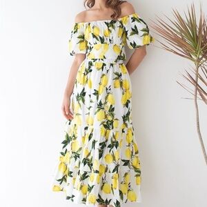 Chicwish Off-Shoulder Bowknot Crop Top and Flare Skirt Set in Lemon Print